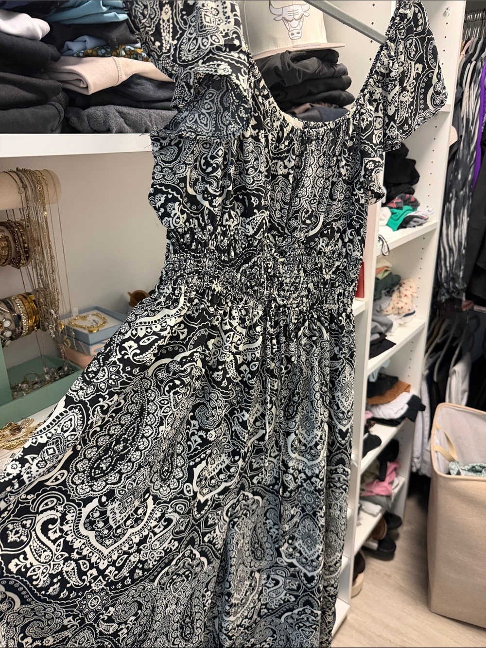 Black & White Paisley Smocked-Waist Women's Dress
